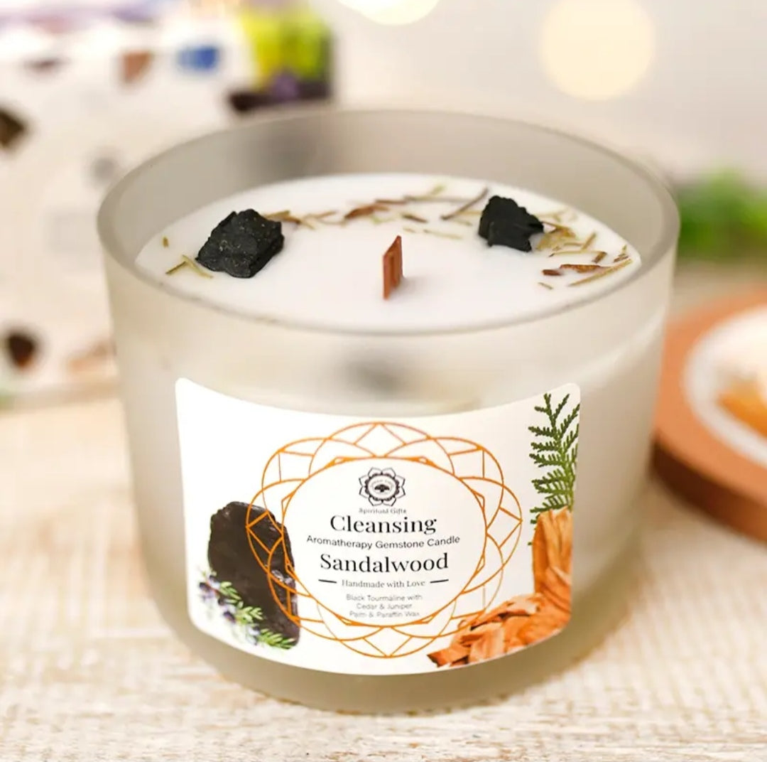 Bougie purifiante aux pierres semi-précieuses et au bois de santal