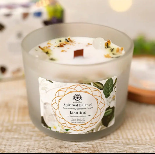Équilibre spirituel - Bougie aux pierres semi-précieuses au jasmin