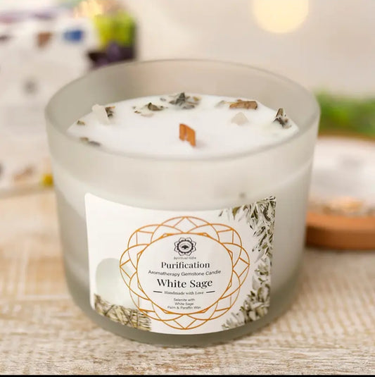 Purification - Bougie aux pierres semi-précieuses et à la sauge blanche