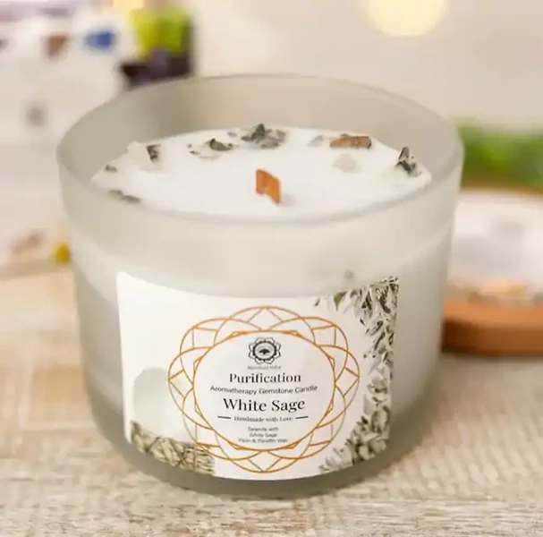 Purification - Bougie aux pierres semi-précieuses et à la sauge blanche