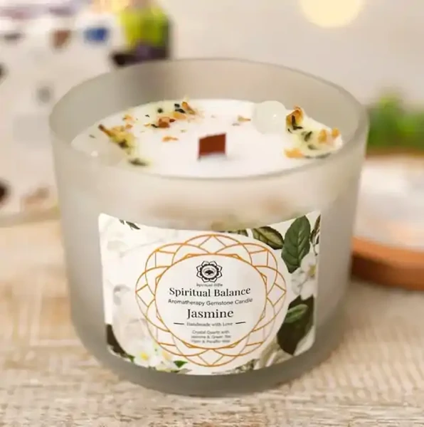 Équilibre spirituel - Bougie aux pierres semi-précieuses au jasmin